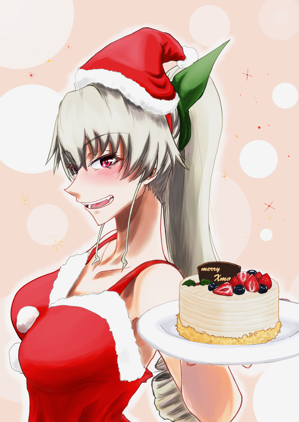 1girl anchovy_(girls_und_panzer) bangs blueberry blush cake christmas christmas_cake commentary dress drill_hair english_text eyebrows_visible_through_hair food from_side fruit fur-trimmed_dress fur_trim girls_und_panzer green_hair green_ribbon hair_ribbon half-closed_eyes hat highres holding holding_plate long_hair looking_at_viewer merry_christmas open_mouth plate red_dress red_eyes red_headwear ribbon santa_dress santa_hat smile solo spaghetti_strap strawberry tatami_san_tatami twin_drills twintails