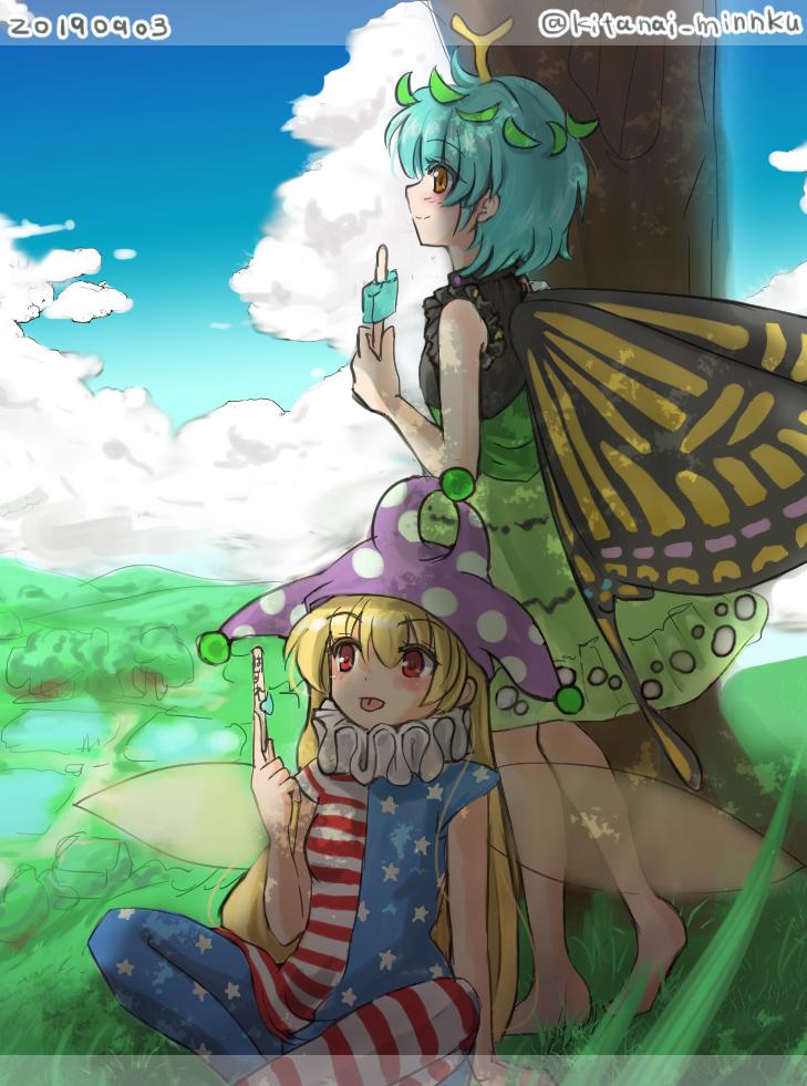 2girls american_flag_dress american_flag_legwear antennae aqua_hair barefoot blonde_hair blush butterfly_wings clouds cloudy_sky clownpiece dated day dress eternity_larva eyebrows_visible_through_hair fairy fairy_wings food green_dress hair_between_eyes hat holding holding_food jester_cap leaf leaf_on_head long_hair minnku multicolored_clothes multicolored_dress multiple_girls pantyhose polka_dot_headwear popsicle purple_headwear red_eyes short_hair short_sleeves single_strap sky smile star_(symbol) striped striped_dress striped_legwear tongue tongue_out touhou tree twitter_username wings yellow_eyes