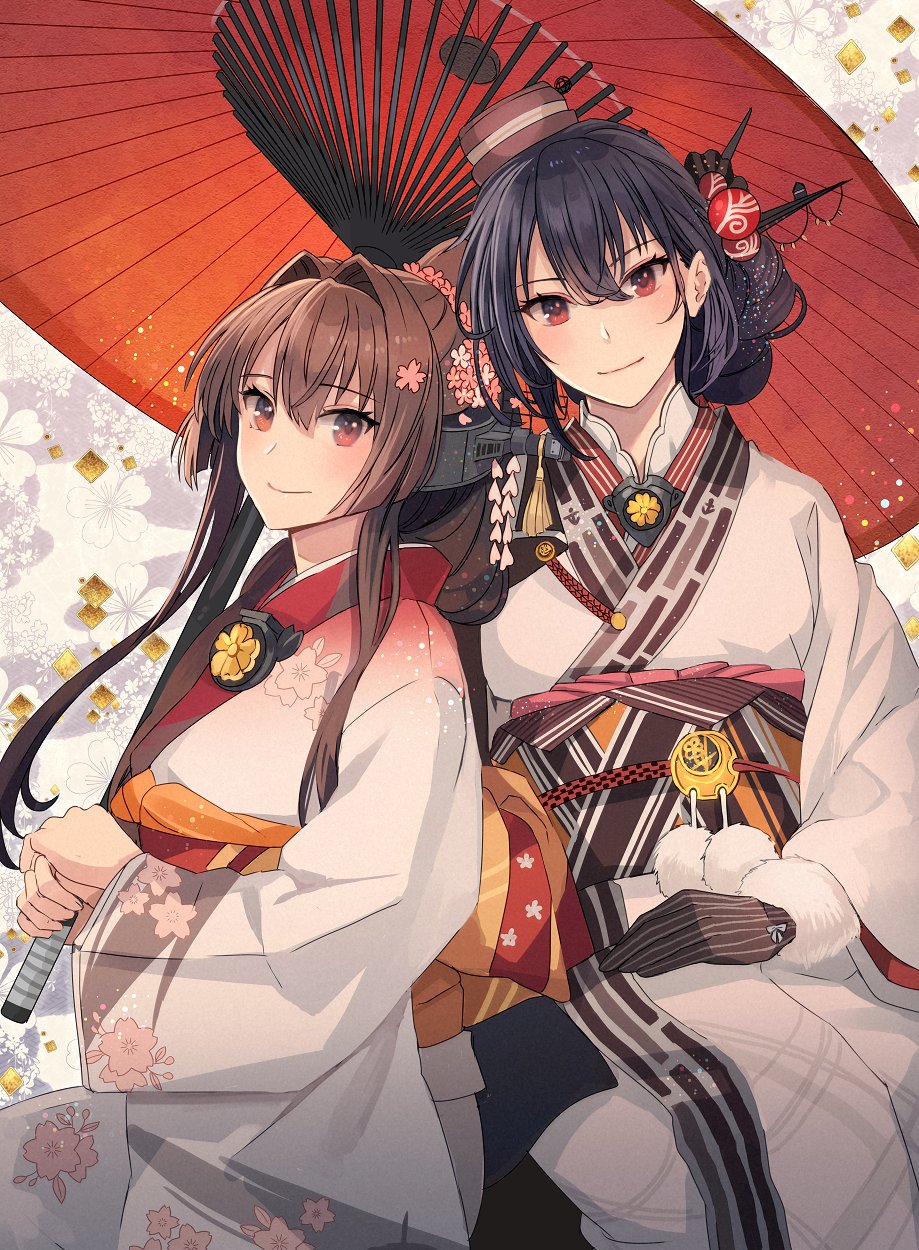 2girls black_hair blush brown_eyes brown_hair closed_mouth eyebrows_visible_through_hair floral_print flower hair_between_eyes hair_flower hair_ornament headgear highres holding holding_umbrella japanese_clothes kantai_collection kasumi_(skchkko) kimono long_hair long_sleeves looking_at_viewer multiple_girls nagato_(kancolle) official_alternate_costume oil-paper_umbrella pink_flower pom_pom_(clothes) ponytail print_kimono red_eyes red_umbrella smile umbrella upper_body white_kimono wide_sleeves yamato_(kancolle)