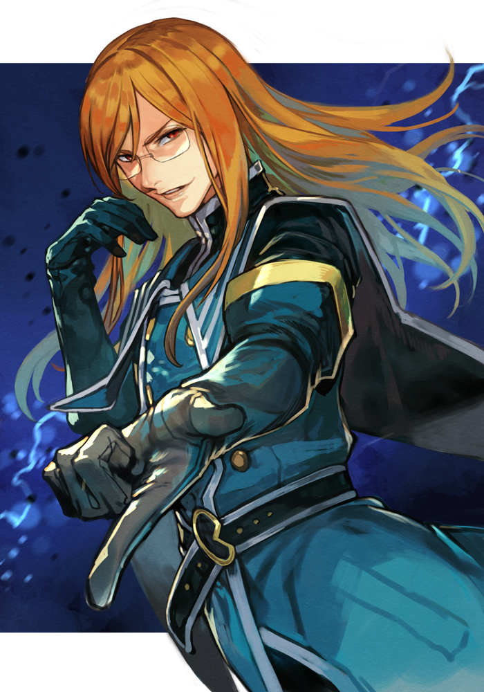 1boy belt belt_buckle blue_background buckle elbow_gloves electricity glasses gloves green_gloves green_jacket grin hand_up hankuri jacket jade_curtiss lightning long_hair long_sleeves male_focus orange_hair red_eyes smile solo tales_of_(series) tales_of_the_abyss upper_body wind