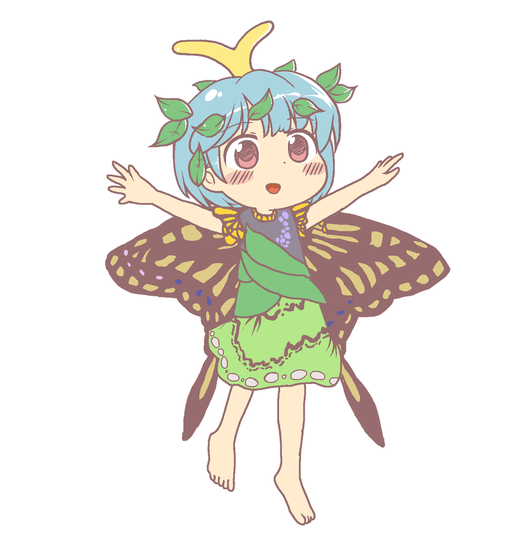 1girl anonymous_(japanese) antennae aqua_hair barefoot blush blush_stickers brown_eyes butterfly_wings dress eternity_larva eyebrows_visible_through_hair fairy full_body green_dress gyate_gyate jaggy_lines leaf leaf_on_head multicolored_clothes multicolored_dress open_mouth outstretched_arms short_hair short_sleeves single_strap smile solo spread_arms touhou transparent_background wings