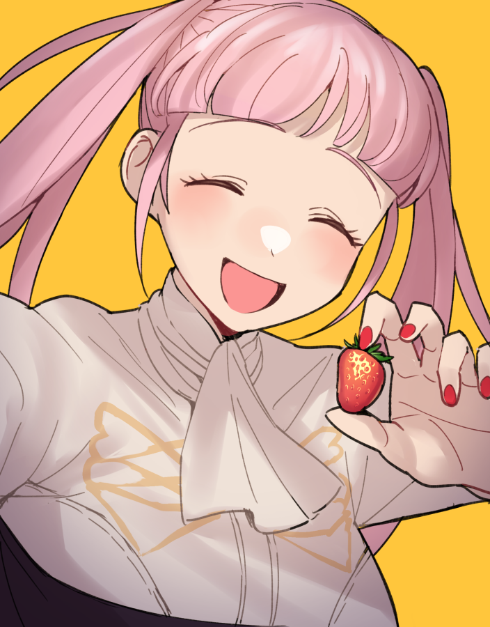 1girl bangs blunt_bangs closed_eyes do_m_kaeru fire_emblem fire_emblem:_three_houses food fruit garreg_mach_monastery_uniform hilda_valentine_goneril holding holding_food holding_fruit long_hair open_mouth pink_hair red_nails simple_background solo strawberry symbol-only_commentary tongue twintails upper_body yellow_background