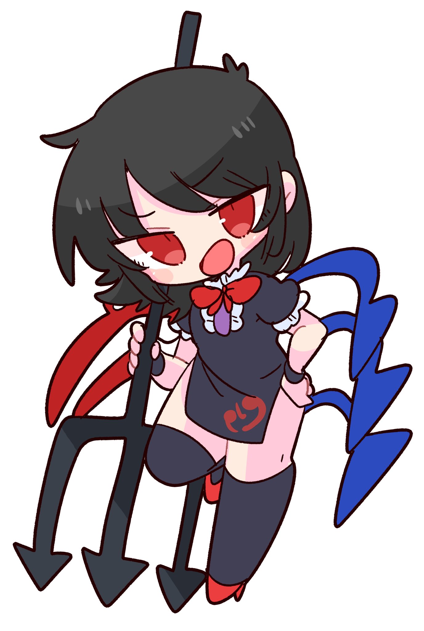 1girl asymmetrical_wings black_dress black_hair black_legwear blue_wings bow bowtie center_frills dress footwear_bow frilled_dress frills highres houjuu_nue looking_at_viewer op_na_yarou open_mouth pelvic_curtain polearm red_bow red_bowtie red_eyes red_footwear red_wings short_dress short_hair simple_background smile solo thigh-highs touhou trident weapon white_background wings wristband