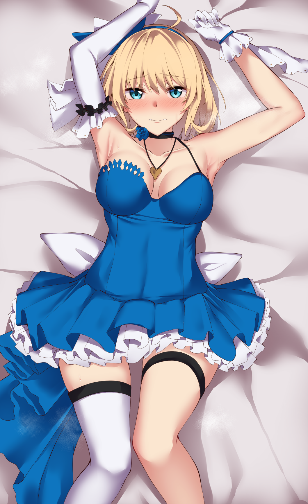 1girl armpits bangs bare_shoulders black_choker blonde_hair blue_dress blue_eyes blush breasts choker closed_mouth collarbone commission dress elbow_gloves eyebrows_visible_through_hair feet_out_of_frame flugel_(kaleido_scope-710) girls_frontline gloves hands_up highres jewelry long_hair looking_at_viewer lying m1911_(breaker_of_the_sky)_(girls'_frontline) m1911_(girls'_frontline) medium_breasts necklace on_back single_thighhigh skeb_commission solo thigh-highs white_gloves white_legwear