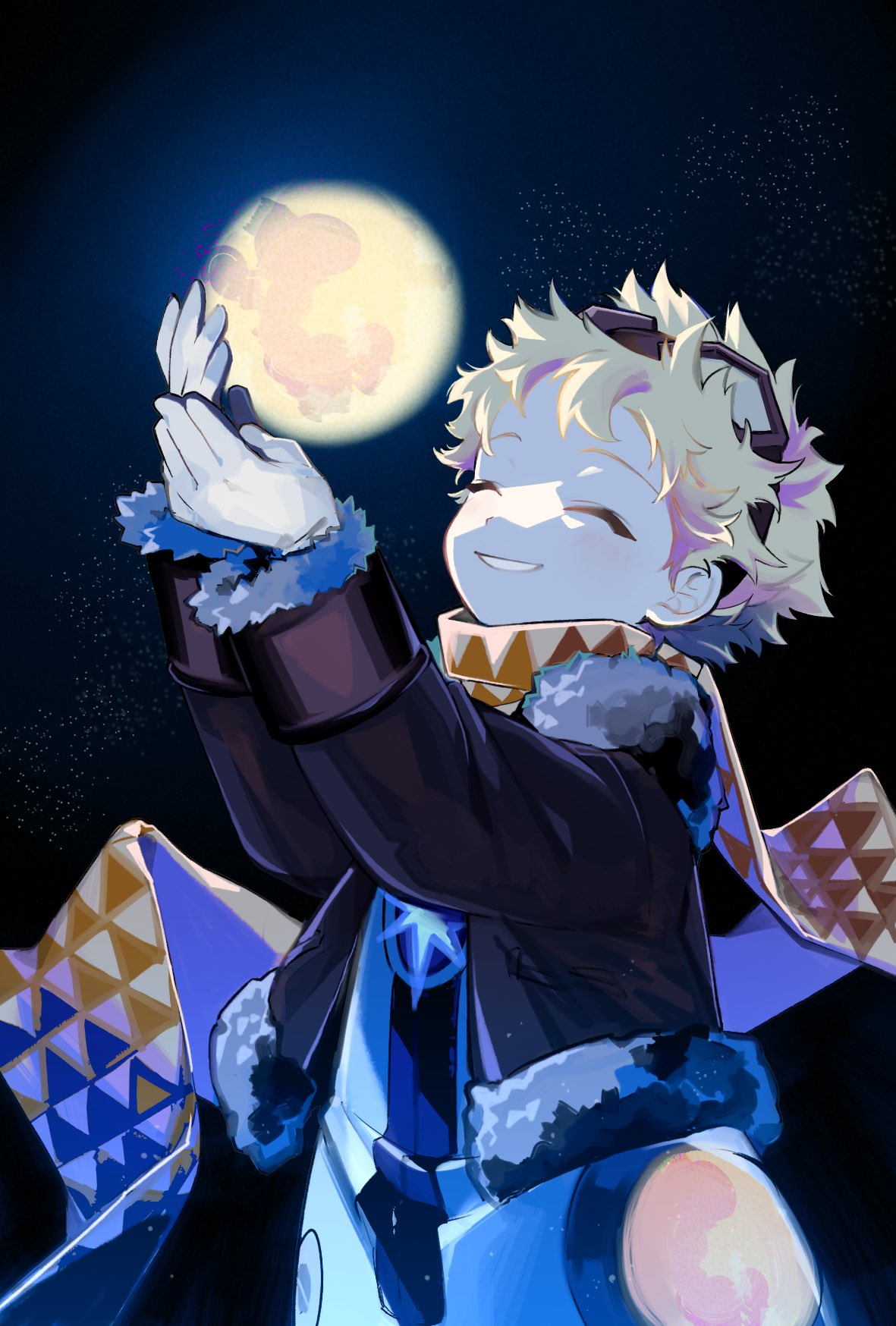 1boy baggy_clothes black_background black_jacket blonde_hair bomber_jacket closed_mouth cowboy_shot dashijiru facing_up fate/grand_order fate/requiem fate_(series) fur_trim gloves glowing goggles goggles_on_head hands_up highres jacket long_sleeves male_focus parted_lips scarf short_hair smile solo star_(symbol) starry_background teeth voyager_(fate) white_gloves yellow_scarf