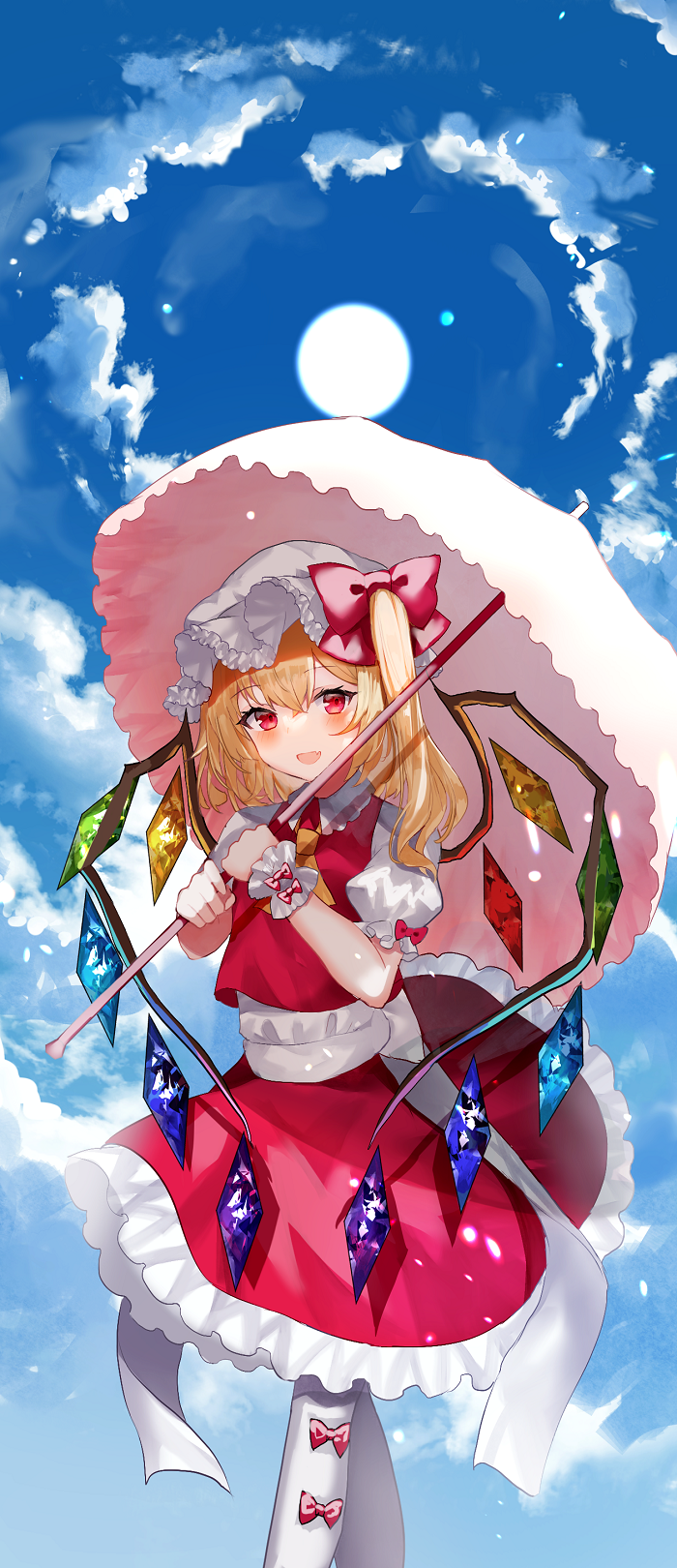 1girl ascot back_bow bangs blonde_hair blue_sky blush bow clouds cloudy_sky collar collared_shirt crystal eyebrows_visible_through_hair fang flandre_scarlet frills grey_bow grey_headwear grey_shirt hair_between_eyes hair_bow hands_up hat highres holding holding_umbrella jewelry looking_to_the_side mob_cap multicolored_wings one_side_up open_mouth pantyhose pink_bow puffy_short_sleeves puffy_sleeves red_bow red_eyes red_skirt red_vest sakizaki_saki-p shirt short_hair short_sleeves skirt sky smile solo standing sun tongue touhou umbrella vest white_legwear wings wrist_cuffs yellow_ascot