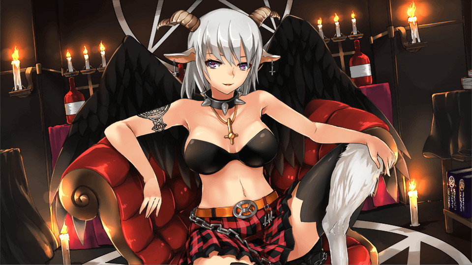 1girl animal_ears artist_request bangs belt belt_buckle black_feathers black_legwear black_wings breasts buckle candle chain chair collar eyebrows_behind_hair feathered_wings game_cg goat_ears goat_legs hand_on_own_knee horizontal_pupils horns inverted_cross_earrings inverted_cross_necklace large_breasts looking_at_viewer medium_hair midriff monster_girl monster_musume_no_iru_nichijou monster_musume_no_iru_nichijou_online navel official_art parted_lips pentagram plaid plaid_skirt sitting skirt solo sophia_(monster_musume) spiked_collar spikes thigh-highs white_hair wings zettai_ryouiki