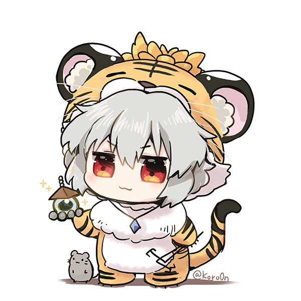 1girl :3 alternate_costume animal_costume animal_print bishamonten's_pagoda biyon chibi dowsing_rod full_body grey_hair holding jewelry mouse nazrin pendant red_eyes short_hair simple_background solo sparkle tiger_costume tiger_print touhou twitter_username white_background