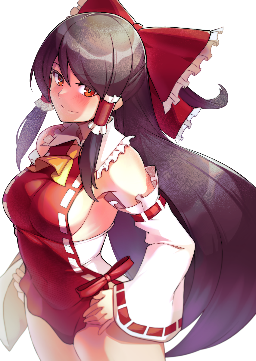 1girl ascot blush bow breasts brown_hair closed_mouth commentary_request covered_navel detached_sleeves eyebrows_visible_through_hair hair_bow hakurei_reimu highres kupala long_hair looking_at_viewer medium_breasts red_bow red_eyes sideboob simple_background solo thighs touhou touhou_tag_dream very_long_hair white_background yellow_ascot