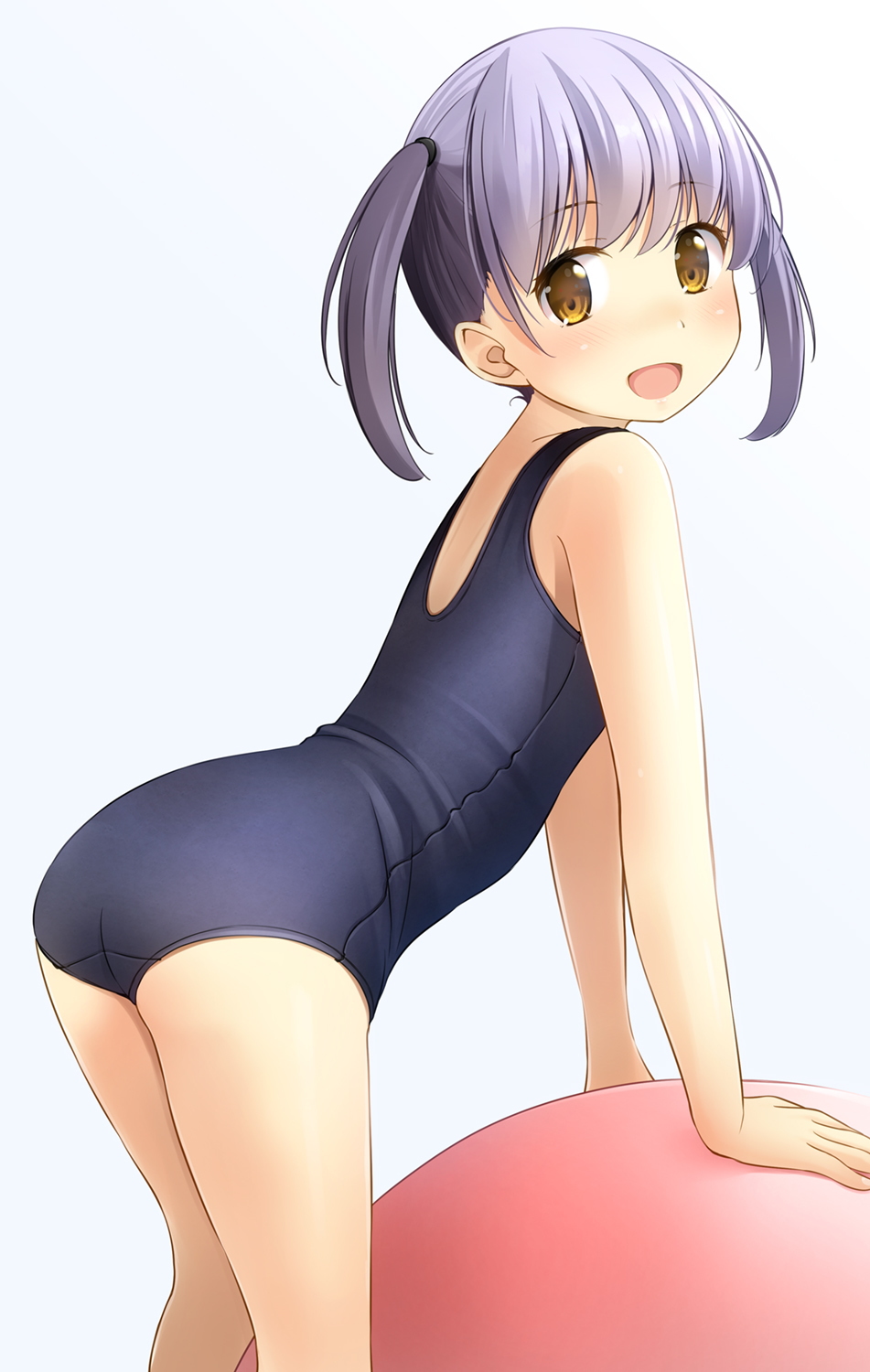 1girl :d ass bangs bare_arms bare_shoulders black_swimsuit blush brown_eyes commentary_request eyebrows_visible_through_hair from_side grey_background highres leaning_forward looking_at_viewer looking_to_the_side old_school_swimsuit one-piece_swimsuit original purple_hair school_swimsuit shibacha simple_background smile solo swimsuit twintails