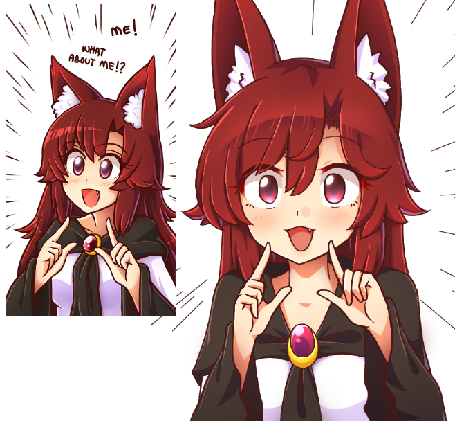 1girl amethyst_(gemstone) animal_ear_fluff animal_ears blush brooch brown_hair chibi dress emphasis_lines english_text fang imaizumi_kagerou jewelry layered_clothing layered_sleeves long_hair long_sleeves multicolored_clothes multicolored_dress open_mouth red_dress revision short_over_long_sleeves short_sleeves smile solid_circle_eyes solo touhou upper_body very_long_hair violet_eyes white_dress wolf_ears wool_(miwol)