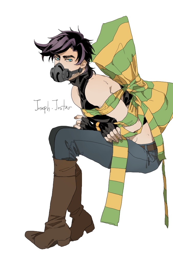 1boy 60_(klioo1) battle_tendency black_hair blue_eyes boots bound bow character_name denim fingerless_gloves gloves green_scarf jeans jojo_no_kimyou_na_bouken joseph_joestar joseph_joestar_(young) male_focus mask midriff pants scarf scarf_bow sitting solo striped striped_scarf tied_up_(nonsexual) yellow_scarf