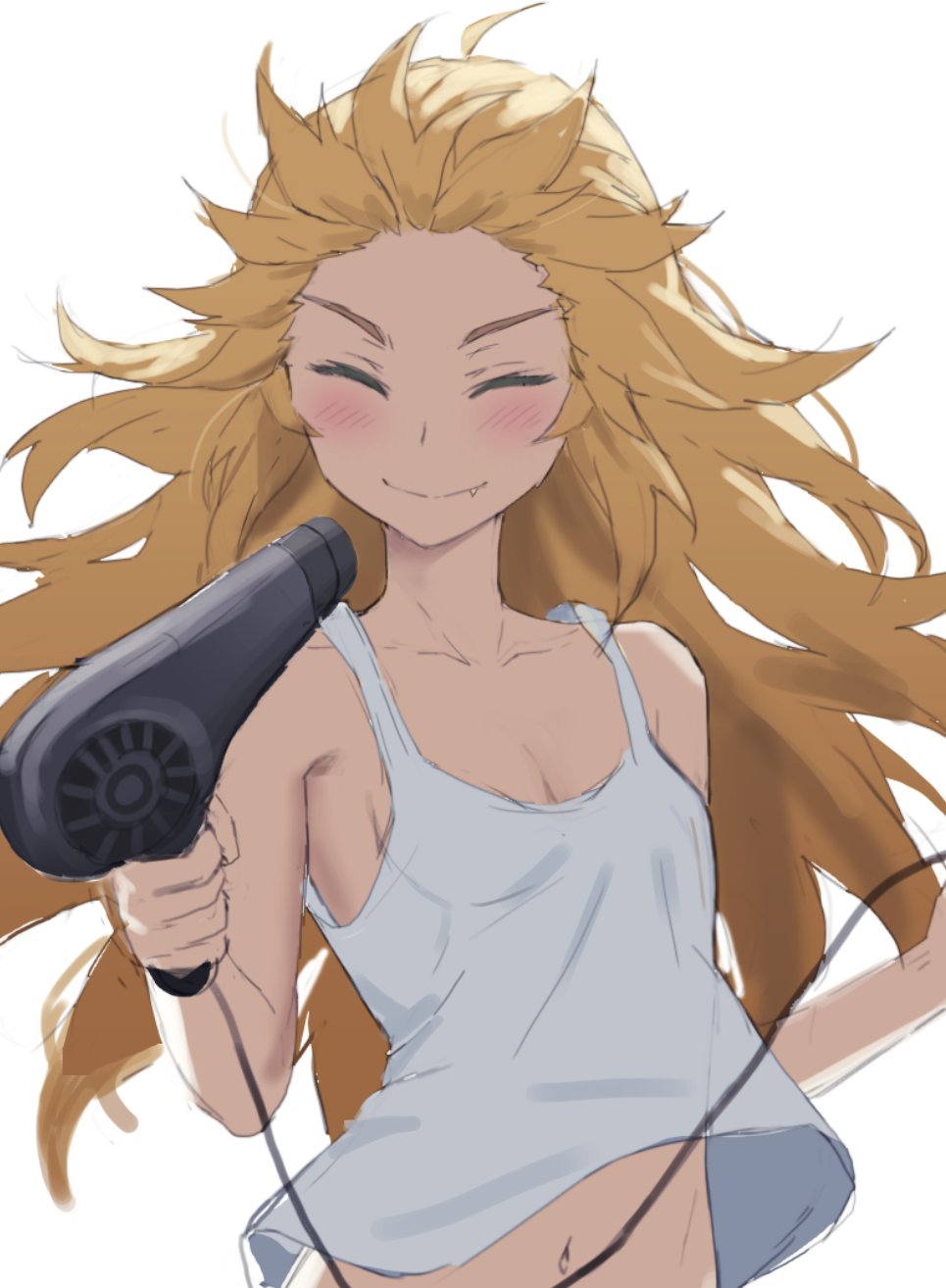 1girl bare_shoulders blonde_hair blush breasts closed_eyes closed_mouth collarbone drying drying_hair fate/apocrypha fate_(series) hair_dryer highres holding holding_hair_dryer long_hair mordred_(fate) mordred_(fate/apocrypha) navel small_breasts smile solo tank_top tonee white_tank_top