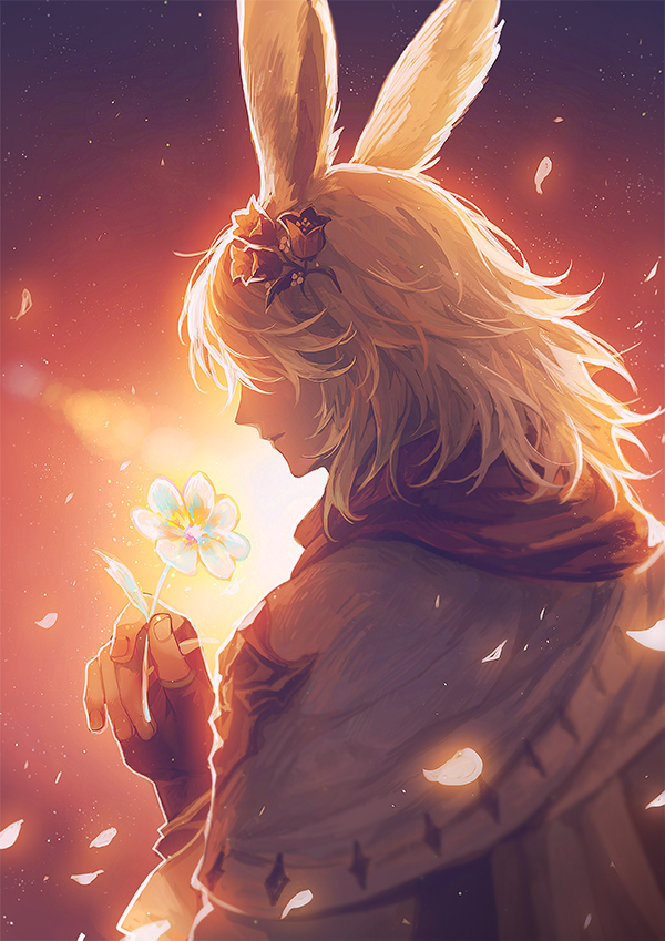 1other ambiguous_gender animal_ears avatar_(ff14) backlighting black_gloves covered_eyes final_fantasy final_fantasy_xiv fingerless_gloves flower from_side gloves glowing_petals hair_flower hair_ornament hand_up holding holding_flower lens_flare lofi_(ff14_pl) long_hair orange_background parted_lips petals rabbit_ears red_scarf scarf silver_hair sky star_(sky) starry_sky upper_body viera