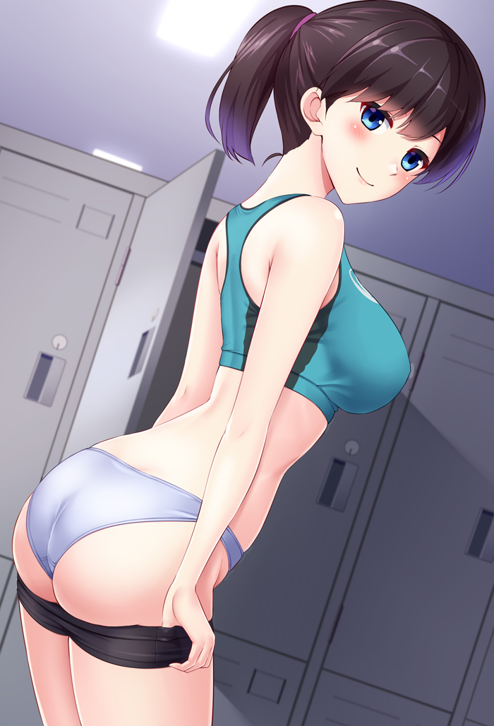 1girl :d ass back bangs bare_arms bare_shoulders black_hair black_shorts blue_eyes blush breasts ceiling_light closed_mouth clothes_pull cowboy_shot dutch_angle from_side hair_tie huyumitsu indoors locker locker_room long_hair looking_at_viewer looking_to_the_side medium_breasts original panties photoshop_(medium) pulled_by_self reward_available shiny shiny_hair shorts shorts_pull smile solo sports_bra standing underwear undressing white_panties