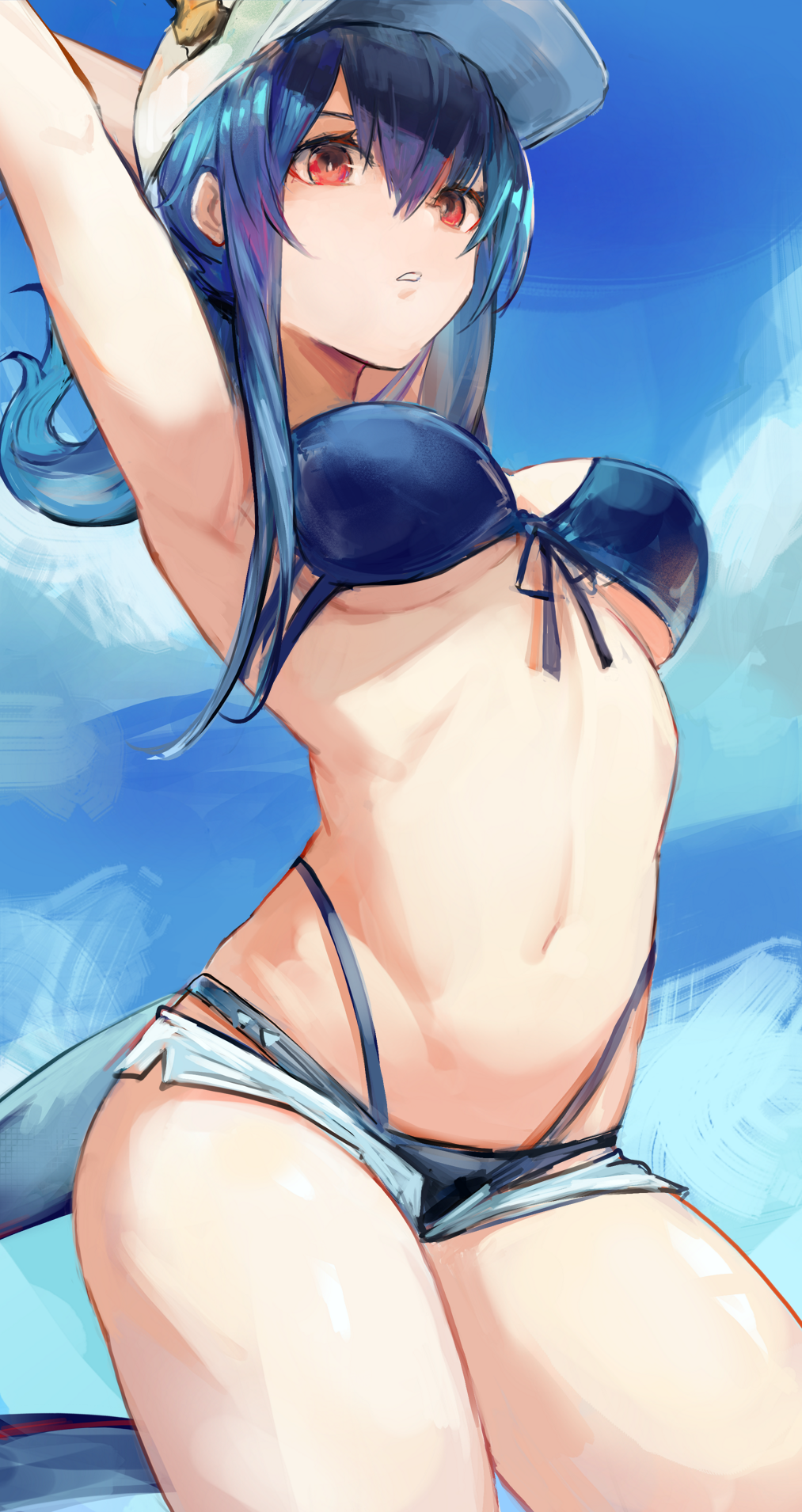 1girl arknights arm_up armpits bangs baseball_cap bikini blue_bikini blue_hair blue_sky breasts ch'en_(arknights) ch'en_the_holungday_(arknights) cowboy_shot day dragon_girl dragon_horns dragon_tail eyebrows_behind_hair gnai hat highres horns horns_through_headwear large_breasts long_hair navel open_clothes open_fly open_shorts outdoors parted_lips red_eyes short_shorts shorts sky solo stomach swimsuit tail thighs under_boob white_headwear white_shorts