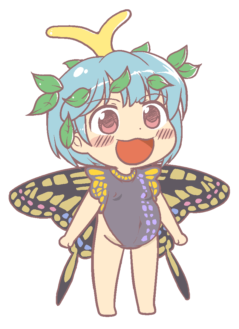 1girl anonymous_(japanese) antennae aqua_hair barefoot black_leotard blush blush_stickers brown_eyes butterfly_wings eternity_larva eyebrows_visible_through_hair fairy full_body groin gyate_gyate jaggy_lines leaf leaf_on_head leotard open_mouth short_hair short_sleeves smile solo touhou transparent_background wings