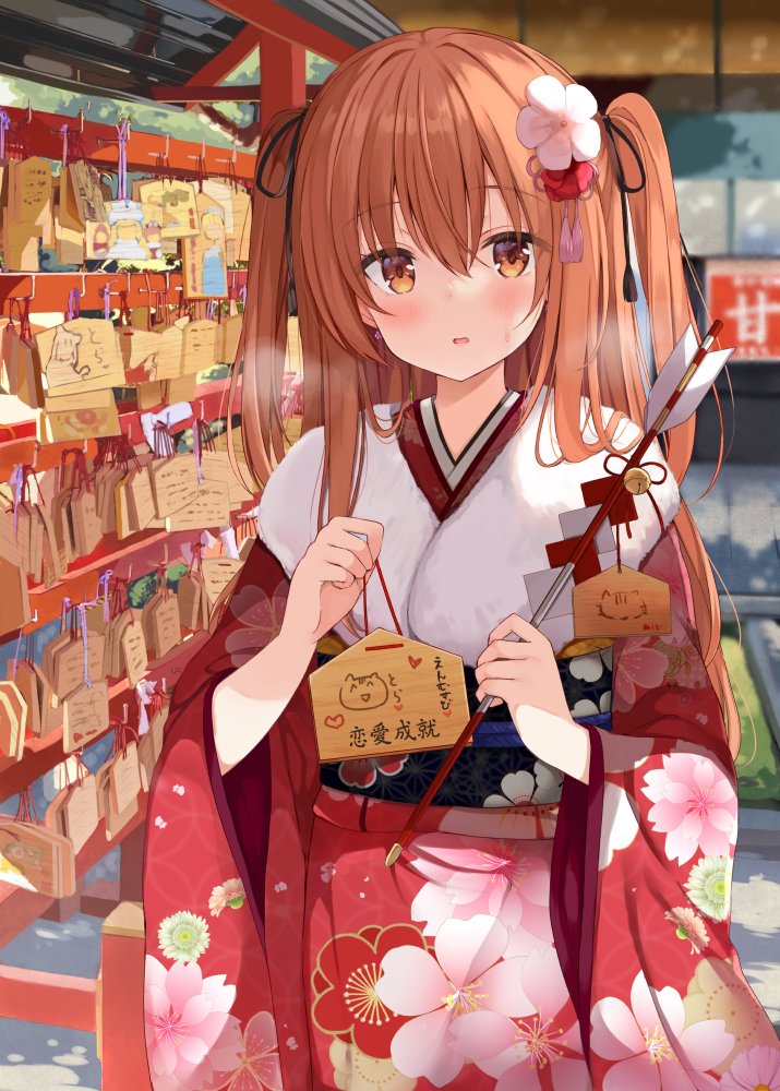 1girl arrow_(projectile) bell black_ribbon blurry blurry_background blush breath brown_eyes brown_hair commentary_request depth_of_field ema floral_print flower hair_flower hair_ornament hair_ribbon holding holding_arrow japanese_clothes jingle_bell kimono kujou_danbo long_hair long_sleeves looking_at_viewer obi original parted_lips print_kimono red_flower red_kimono ribbon sash solo sweat two_side_up very_long_hair white_flower wide_sleeves