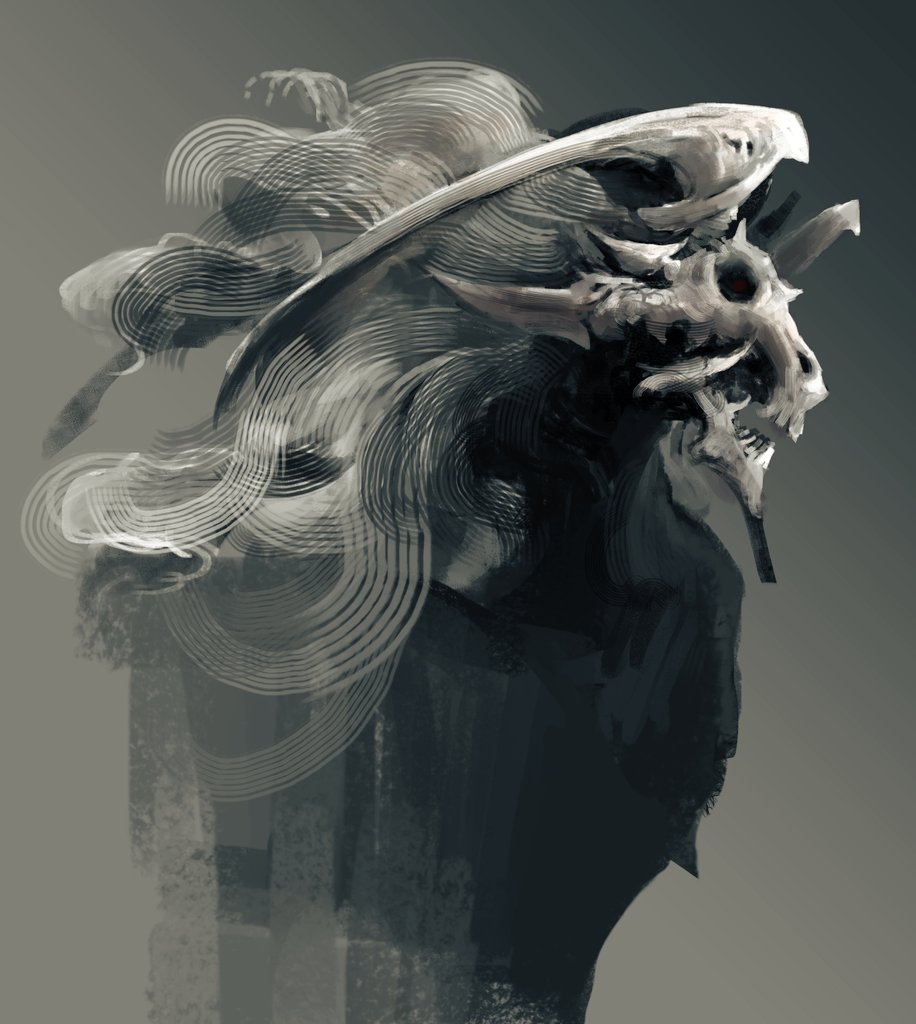 grey_background horns long_hair monster no_humans open_mouth original painterly red_eyes skull taak_choi tusks upper_body white_hair