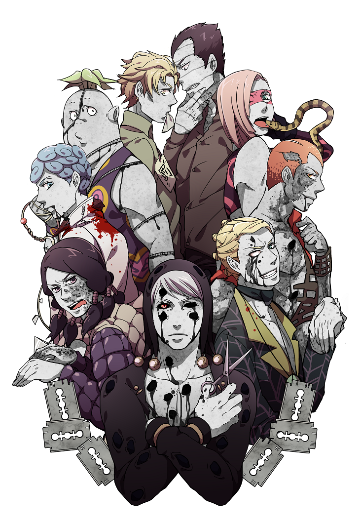 6+boys blood bullet_hole collarbone colored_skin commentary_request formaggio gelato ghiaccio grey_skin grin halloween hanaichi_(hana13) hand_on_another's_chin illuso jojo_no_kimyou_na_bouken melone multiple_boys open_mouth pesci prosciutto razor_blade risotto_nero scissors simple_background smile sorbet tongue tongue_out vento_aureo white_background zipper zombie