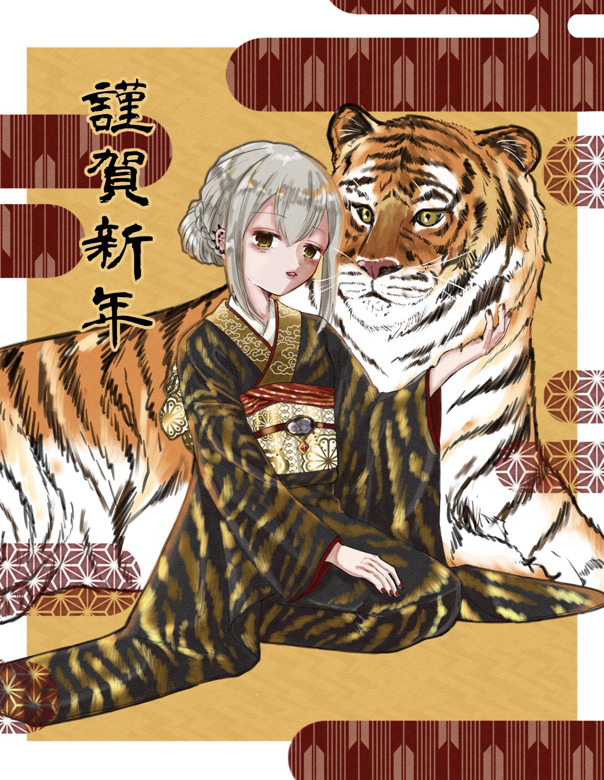 1girl alternate_hairstyle hair_bun highres japanese_clothes kimono kureha_yuna magia_record:_mahou_shoujo_madoka_magica_gaiden mahou_shoujo_madoka_magica maji_0023 new_year seiza sitting solo tiger white_hair yellow_eyes