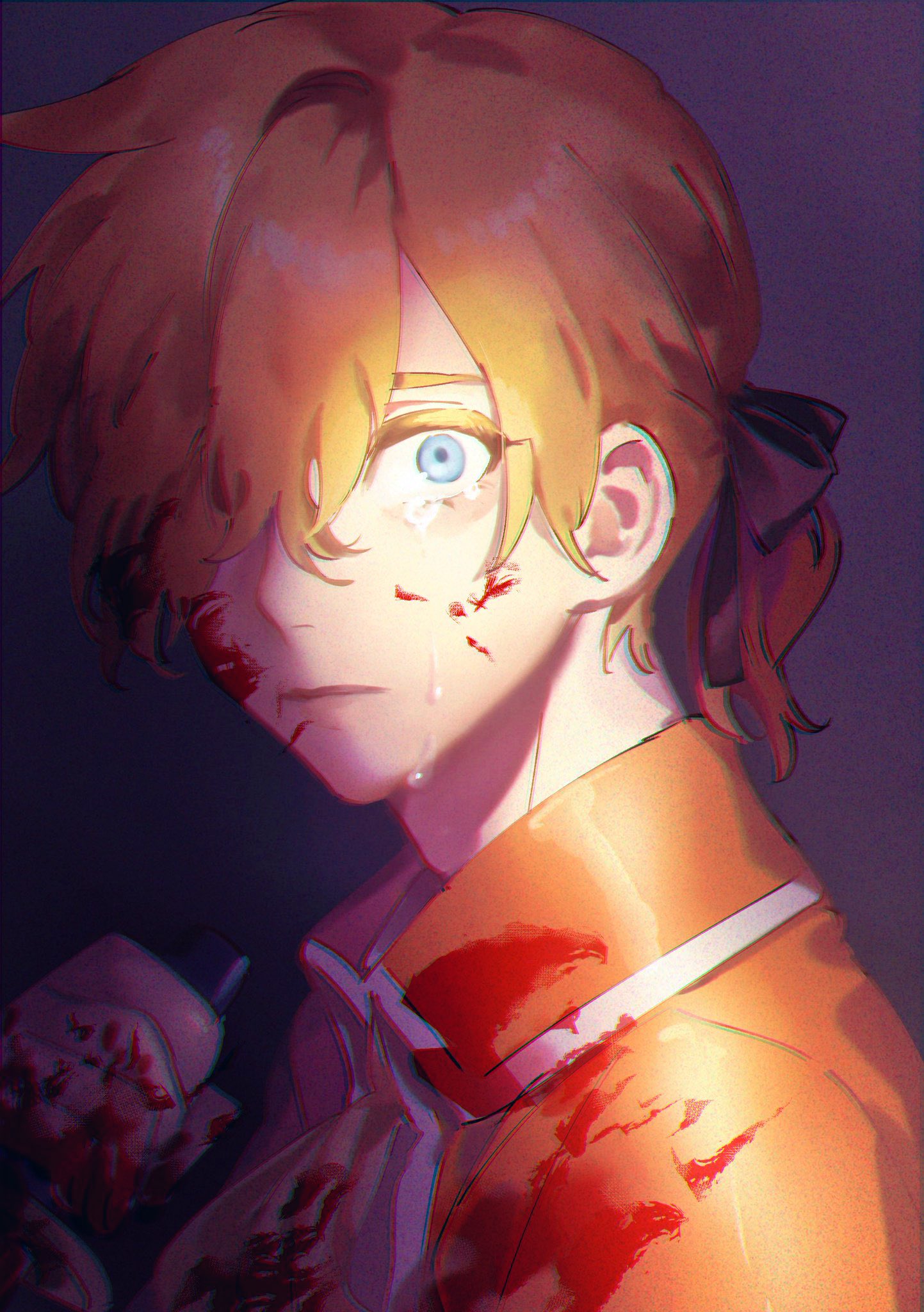 1boy aku_no_meshitsukai_(vocaloid) allen_avadonia blonde_hair blood blood_on_face blue_eyes crying crying_with_eyes_open evillious_nendaiki hazuki_015 highres kagamine_len male_focus shade solo tears vocaloid