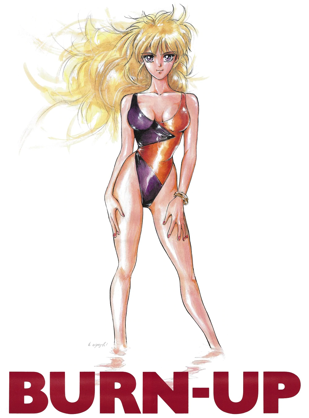 1990s_(style) 1girl bangs blonde_hair bracelet burn-up copyright_name hands_on_thighs highres jewelry long_hair looking_at_viewer maki_(burn-up) mon_mon non-web_source official_art one-piece_swimsuit retro_artstyle simple_background smile standing swimsuit violet_eyes white_background