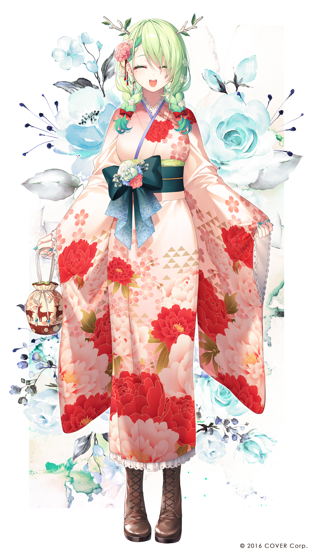 1girl :d antlers bangs boots bow branch brown_footwear ceres_fauna closed_eyes closed_mouth facing_viewer floral_background floral_print flower full_body green_hair green_nails hair_bow hair_flower hair_ornament hair_over_one_eye hair_over_shoulder highres holding hololive hololive_english japanese_clothes kimono long_hair long_sleeves mixed-language_commentary mole mole_under_eye nail_polish obi official_art pink_flower pouch print_kimono red_bow sash sleeves_past_wrists smile solo standing toosaka_asagi virtual_youtuber white_background white_flower