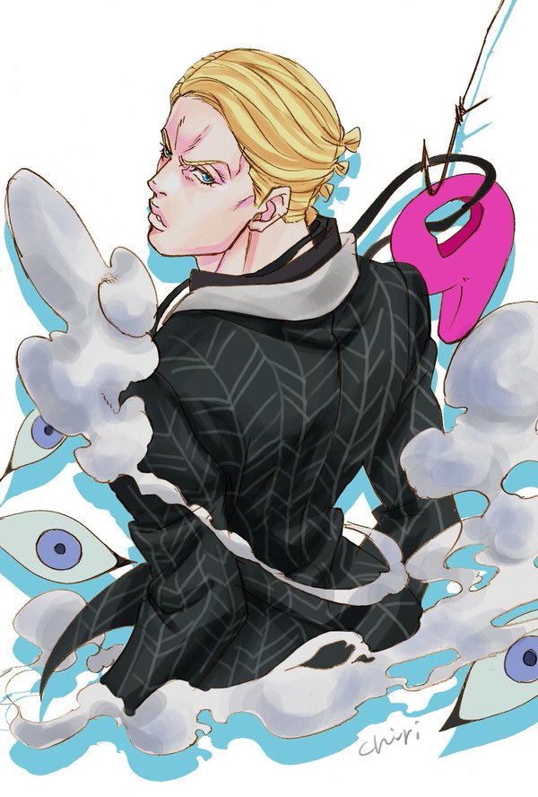 1boy arrow_print blonde_hair blue_eyes extra_eyes formal from_behind jewelry jojo_no_kimyou_na_bouken kinoshita_yui male_focus necklace prosciutto smoke solo stand_(jojo) suit the_grateful_dead_(stand) vento_aureo