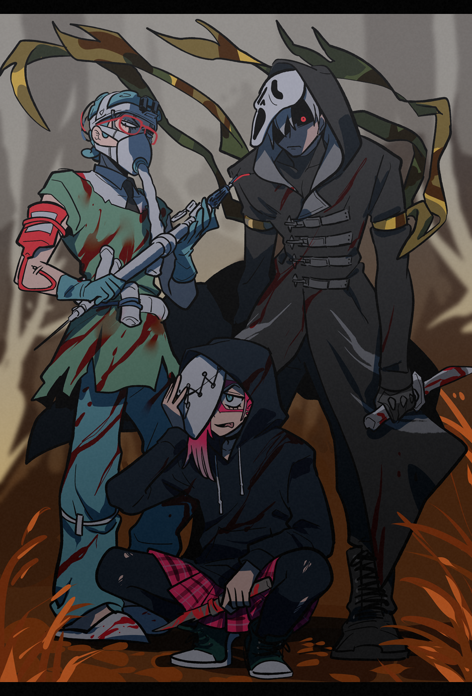 3boys armband black_sclera blood blood_bag blood_on_clothes blood_on_weapon blue_eyes blue_hair boots colored_sclera cross-laced_footwear dagger domino_mask gas_mask ghiaccio highres hood hood_up hoodie intravenous_drip jojo_no_kimyou_na_bouken karabako kilt knife lace-up_boots long_coat male_focus mask mask_on_head melone multiple_boys necktie nurse pink_hair post-apocalypse red_eyes reverse_grip risotto_nero shaded_face shoes sneakers squatting vento_aureo weapon