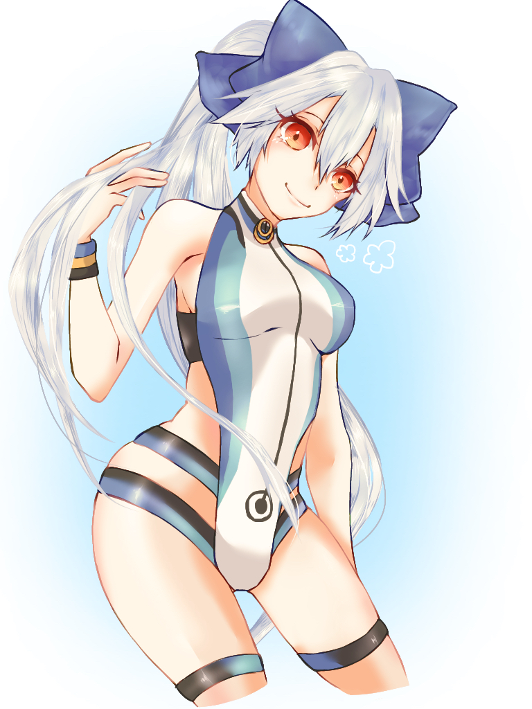 1girl absurdres arms_up ass bangs blue_bow blue_jacket blue_swimsuit blush bow breasts fate/grand_order fate_(series) highleg highleg_swimsuit highres jacket large_breasts long_hair looking_at_viewer multicolored multicolored_clothes multicolored_swimsuit one-piece_swimsuit ponytail silver_hair solo sora_stmy33 swimsuit tomoe_gozen_(fate) tomoe_gozen_(swimsuit_saber)_(fate) two-tone_swimsuit white_swimsuit