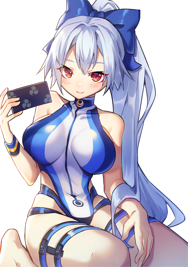 1girl absurdres arms_up ass bangs blue_bow blue_jacket blue_swimsuit blush bow breasts chariot.f fate/grand_order fate_(series) highleg highleg_swimsuit highres large_breasts long_hair looking_at_viewer multicolored multicolored_clothes multicolored_swimsuit one-piece_swimsuit ponytail silver_hair solo swimsuit tomoe_gozen_(fate) tomoe_gozen_(swimsuit_saber)_(fate) two-tone_swimsuit white_swimsuit