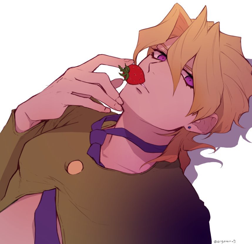 1boy 723_(tobi) bangs blonde_hair earrings food fruit green_jacket hair_between_eyes holding holding_food jacket jewelry jojo_no_kimyou_na_bouken long_hair long_sleeves looking_at_viewer necktie pannacotta_fugo purple_necktie simple_background solo strawberry teeth twitter_username vento_aureo violet_eyes white_background