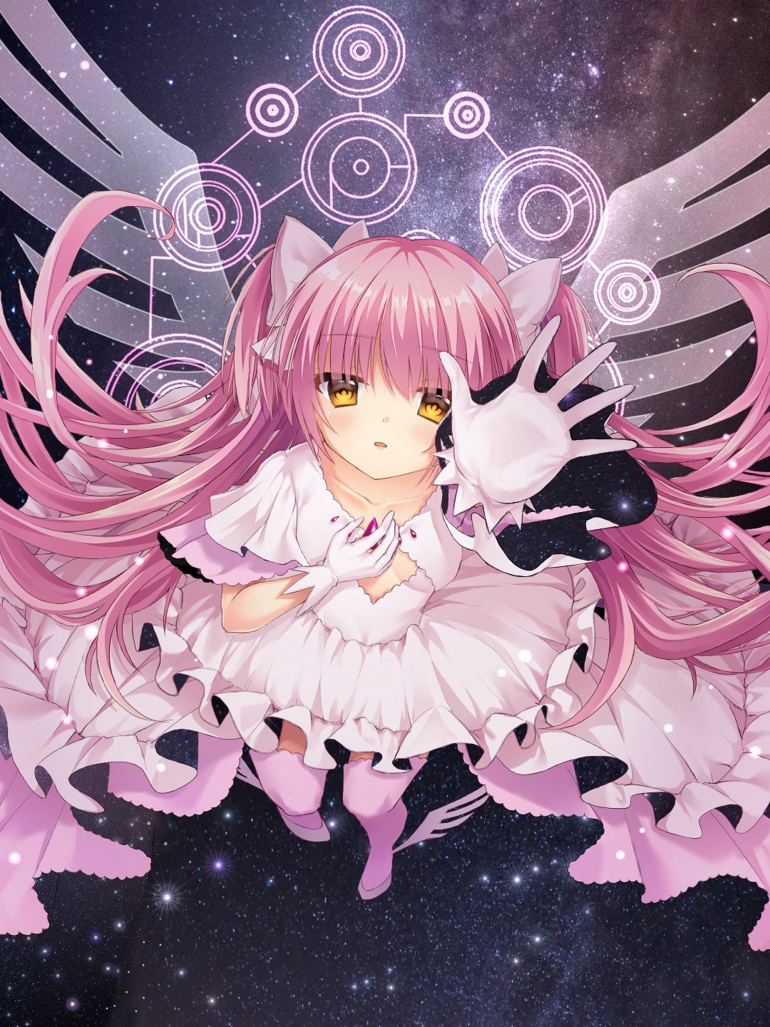 :o black_background blush breast_grab breasts cleavage_cutout clothing_cutout collarbone dot_nose dress eyebrows_visible_through_hair floating frilled_dress frilled_sleeves frills gloves goddess goddess_madoka grabbing hair_ribbon highres long_hair looking_at_viewer looking_up mahou_shoujo_madoka_magica outstretched_arm paint pink_hair pink_legwear pink_ribbon ribbon sad short_sleeves shy small_breasts solo space starry_background thigh-highs transparent_wings two_side_up very_long_hair white_dress white_gloves yellow_eyes