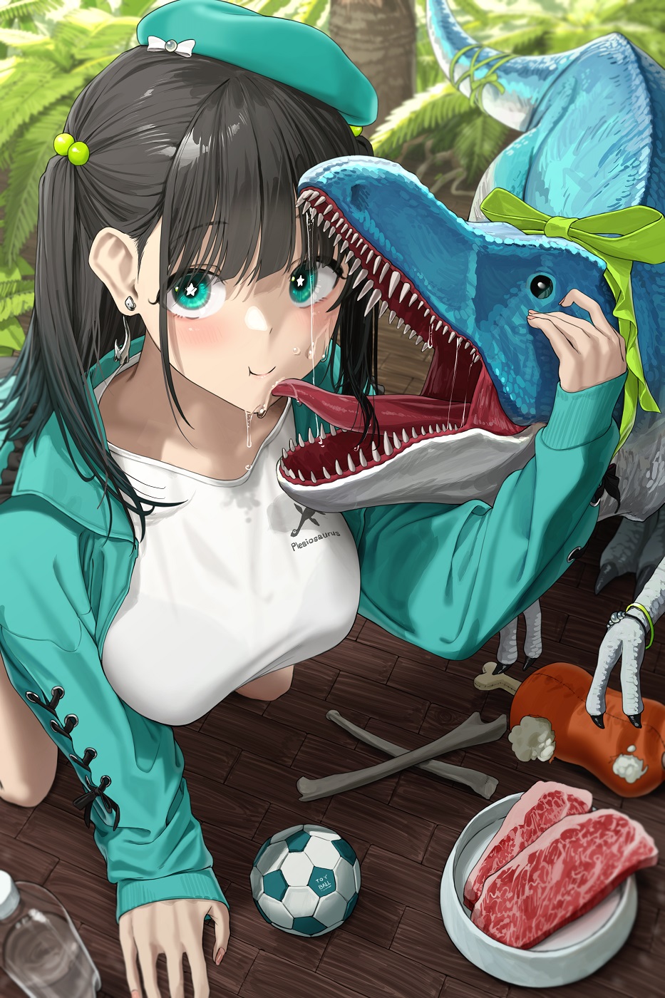 1girl :t ball bangs beret black_hair blush bone bottle bow breasts closed_mouth commentary dinosaur earrings english_commentary eyebrows_visible_through_hair food green_bow green_eyes green_headwear green_jacket hat highres jacket jewelry large_breasts licking licking_another's_face long_hair long_sleeves looking_at_viewer meat noeru open_clothes open_jacket open_mouth original saliva sleeves_past_wrists smile solo star-shaped_pupils star_(symbol) steak stuffed_toy symbol-shaped_pupils tongue tree two_side_up wooden_floor