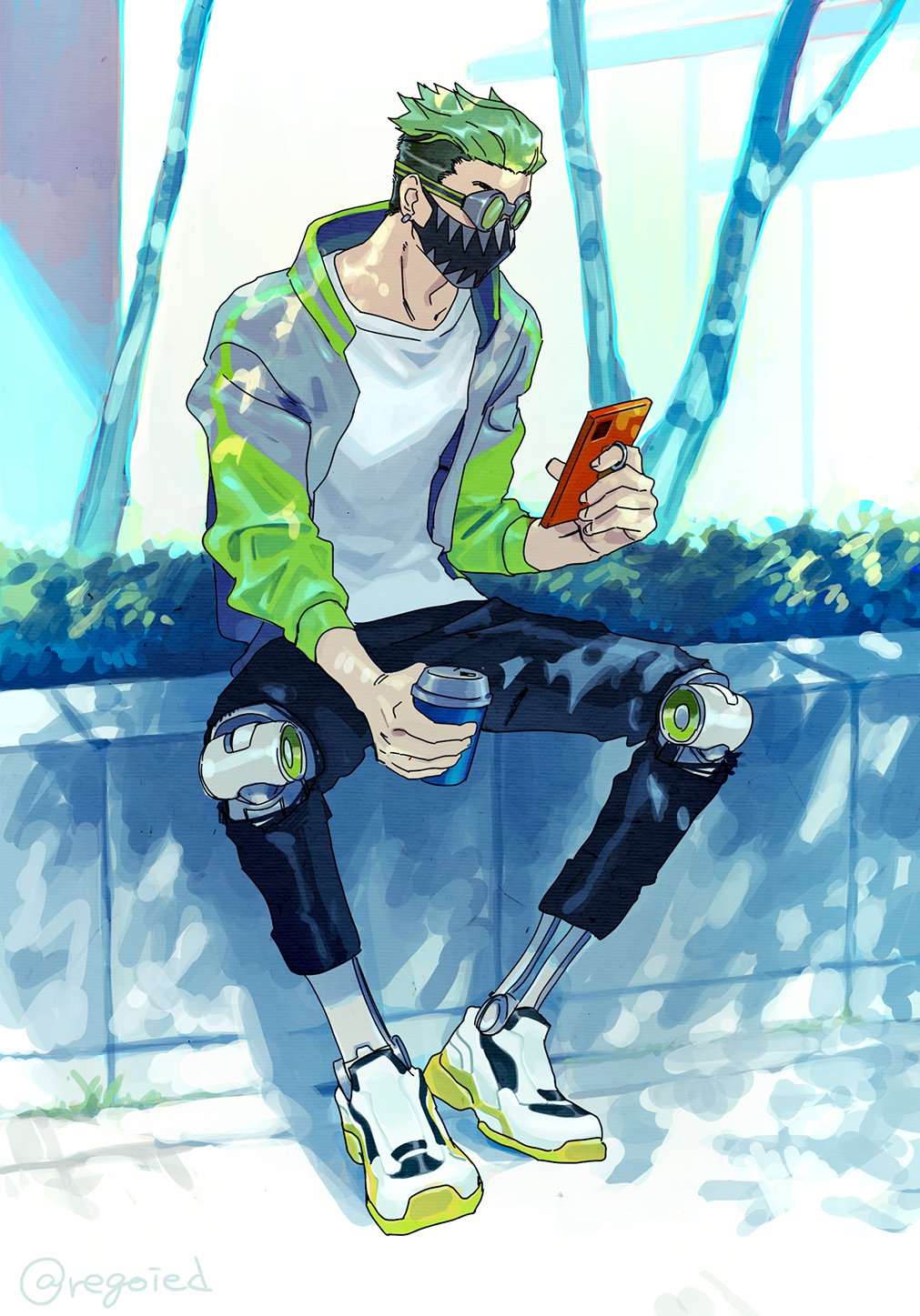 1boy apex_legends black_shorts cellphone coffee_cup collarbone cup disposable_cup earrings goggles green_hair green_jacket hair_slicked_back highres holding holding_cup holding_phone jacket jewelry jiro_(regoied) male_focus mask mechanical_legs mouth_mask octane_(apex_legends) phone shorts sitting smartphone solo tree