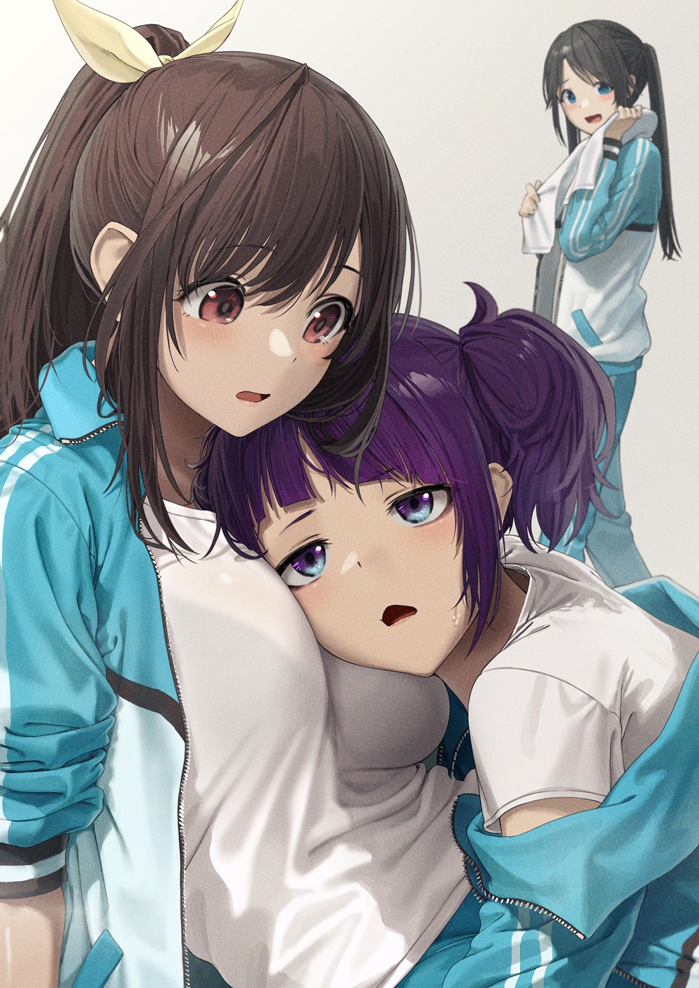 3girls bangs black_hair blue_eyes blue_jacket blue_pants bralines breast_pillow breast_press breasts brown_hair commentary_request eyebrows_visible_through_hair gym_uniform head_rest highres idolmaster idolmaster_shiny_colors jacket jersey large_breasts leaning_on_person long_hair long_sleeves medium_breasts mitsumine_yuika multiple_girls noeru open_clothes open_jacket open_mouth pants ponytail purple_hair reclining red_eyes shirt short_hair simple_background sleeves_pushed_up tanaka_mamimi track_jacket track_suit triangle_mouth tsukioka_kogane twintails violet_eyes white_shirt