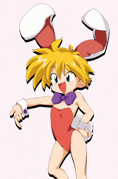 1girl animal_ears bangs blonde_hair bow bowtie contrapposto drop_shadow eyebrows_visible_through_hair fake_animal_ears fake_tail feet_out_of_frame flat_chest hand_on_hip keiou_yuugekitai leotard nanahikari_rami non-web_source open_mouth outstretched_arm photoshop_(medium) playboy_bunny pointing pointing_down rabbit_ears red_leotard short_hair simple_background solo strapless strapless_leotard tail wrist_cuffs