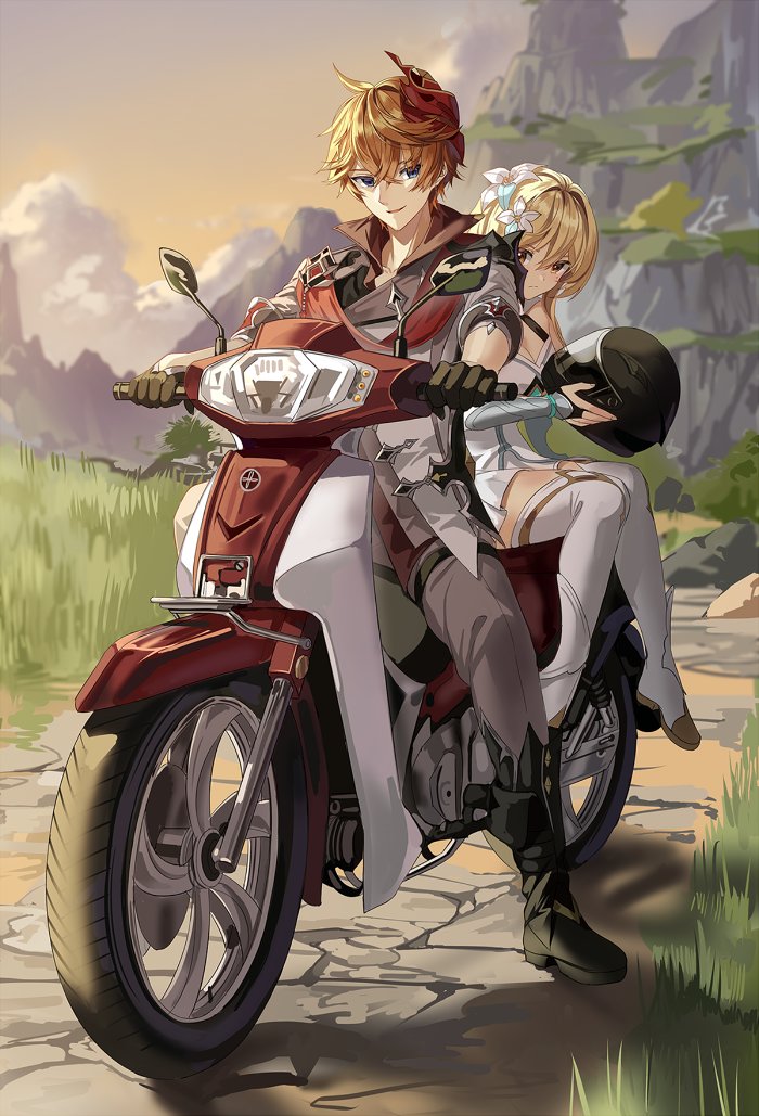 1boy 1girl ahoge bangs black_footwear black_gloves blonde_hair blue_eyes boots breasts closed_mouth clouds detached_sleeves expressionless flower genshin_impact gloves grass grey_pants ground_vehicle hair_flower hair_ornament helmet holding holding_helmet in-universe_location looking_at_another looking_at_viewer lumine_(genshin_impact) mask mask_on_head motor_vehicle motorcycle motorcycle_helmet on_motorcycle orange_hair pants red_scarf scarf short_hair_with_long_locks silence_girl sitting smile tartaglia_(genshin_impact) thigh-highs thigh_boots thigh_strap white_flower yellow_eyes
