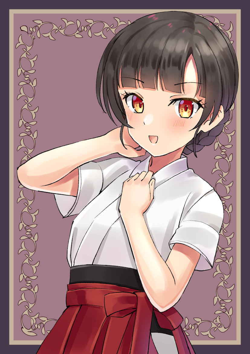 1girl bangs blunt_bangs braid brown_eyes brown_hair double_bun dougi hakama japanese_clothes kantai_collection long_hair mayura2002 purple_background red_hakama smile solo twin_braids upper_body yawata_maru_(kancolle)