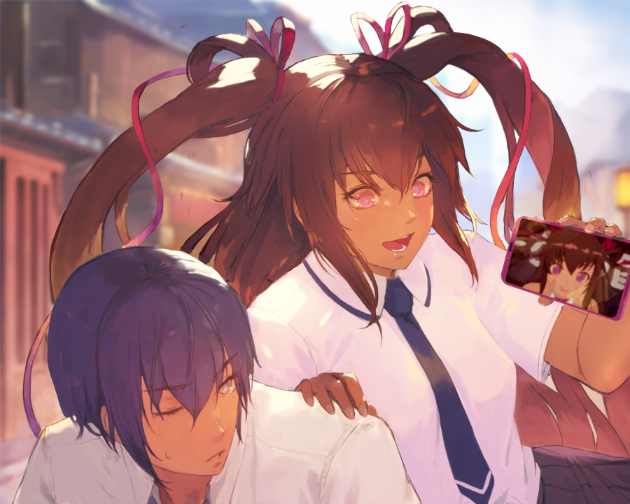 1boy 1girl action_taimanin between_breasts blue_hair blue_necktie blue_pupils blue_sky blurry blurry_background blush breasts character_request clouds dark-skinned_female dark_skin eyebrows_visible_through_hair eyelashes fingernails hair_between_eyes hair_ribbon hand_on_another's_shoulder holding holding_phone light_rays long_hair mountain necktie necktie_between_breasts one_eye_closed open_mouth parted_lips phone pink_eyes pink_nails purple_ribbon ribbon skirt sky smile sweat take_no_ko_(dodon) teeth tongue twintails yellow_eyes