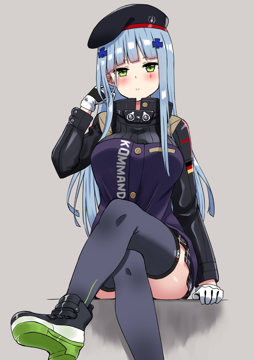 1girl arm_support bangs beret blue_hair blunt_bangs blush_stickers breasts crossed_legs german_flag girls_frontline gloves green_eyes grey_background hair_ornament hand_in_hair hat highres hk416_(girls'_frontline) large_breasts long_hair looking_at_viewer miniskirt shinatsukou shoes simple_background sitting skirt solo teardrop_tattoo thigh-highs zettai_ryouiki
