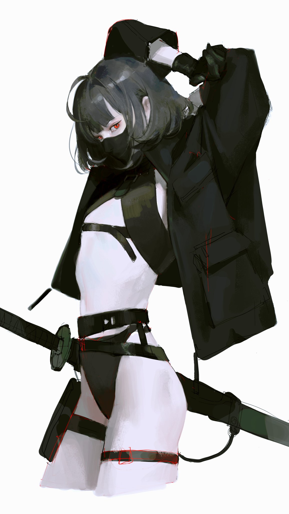 1girl ahoge arms_up bangs belt black_coat black_gloves black_hair black_mask blunt_bangs coat gloves grey_background highres katana looking_at_viewer mask medium_hair mouth_mask navel open_clothes open_coat original pouch red_eyes scabbard sheath sheathed simple_background sketch solo sword taak_choi thigh_pouch thigh_strap weapon