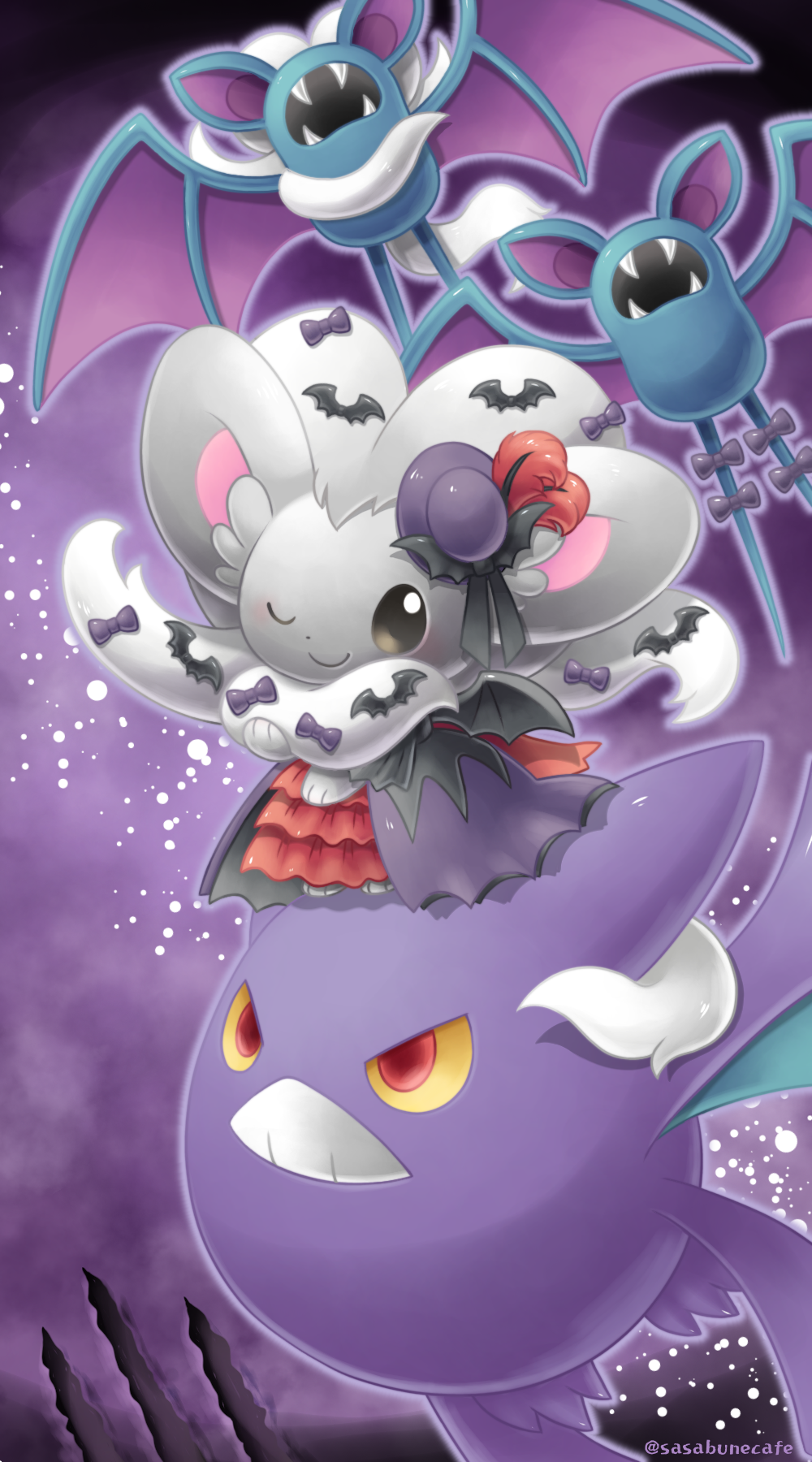 ;) bow cinccino closed_mouth commentary_request crobat fangs flying highres looking_at_viewer no_humans one_eye_closed outline pokemon pokemon_(creature) purple_bow sasabunecafe smile teeth zubat