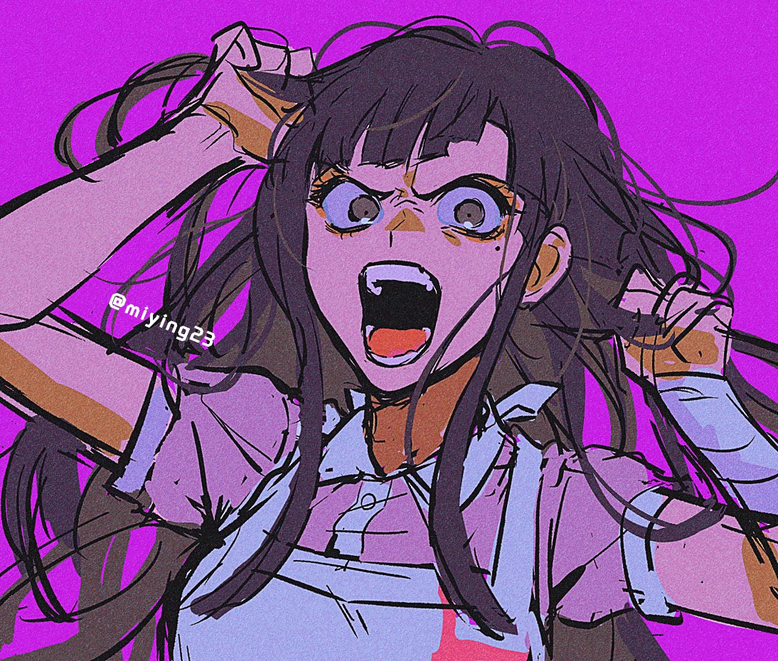 1girl apron bangs black_hair breasts brown_hair collared_shirt commentary_request danganronpa_(series) danganronpa_2:_goodbye_despair holding holding_hair large_breasts long_hair looking_at_viewer messy_hair miying_(ho_ru03_15) mole mole_under_eye multicolored_hair open_mouth pink_background pink_shirt puffy_short_sleeves puffy_sleeves shirt short_sleeves sketch solo teeth tsumiki_mikan two-tone_hair upper_body