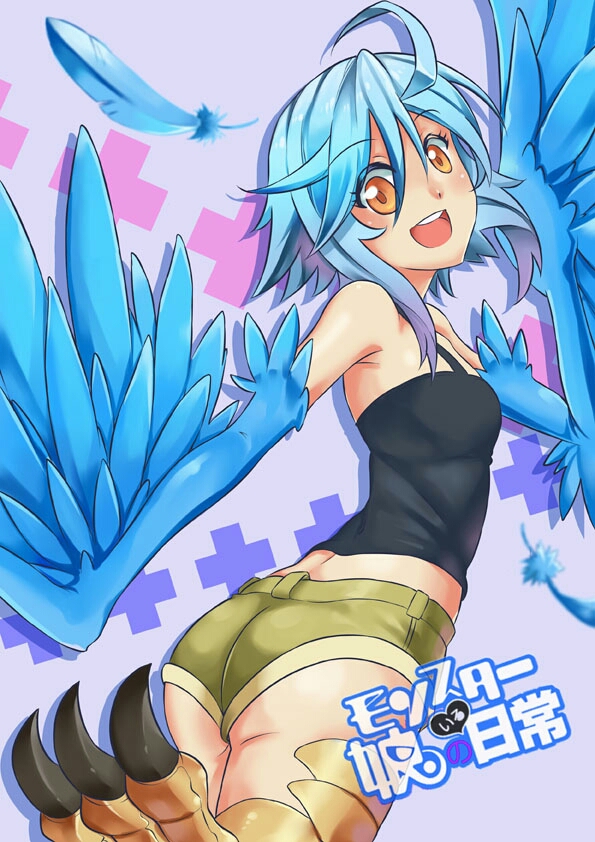 1girl ahoge ass bangs bird_legs blue_hair blue_wings copyright_name eyebrows_visible_through_hair feathered_wings feathers harpy keroroblack looking_at_viewer looking_back monster_girl monster_musume_no_iru_nichijou open_mouth papi_(monster_musume) short_hair shorts solo talons winged_arms wings yellow_eyes