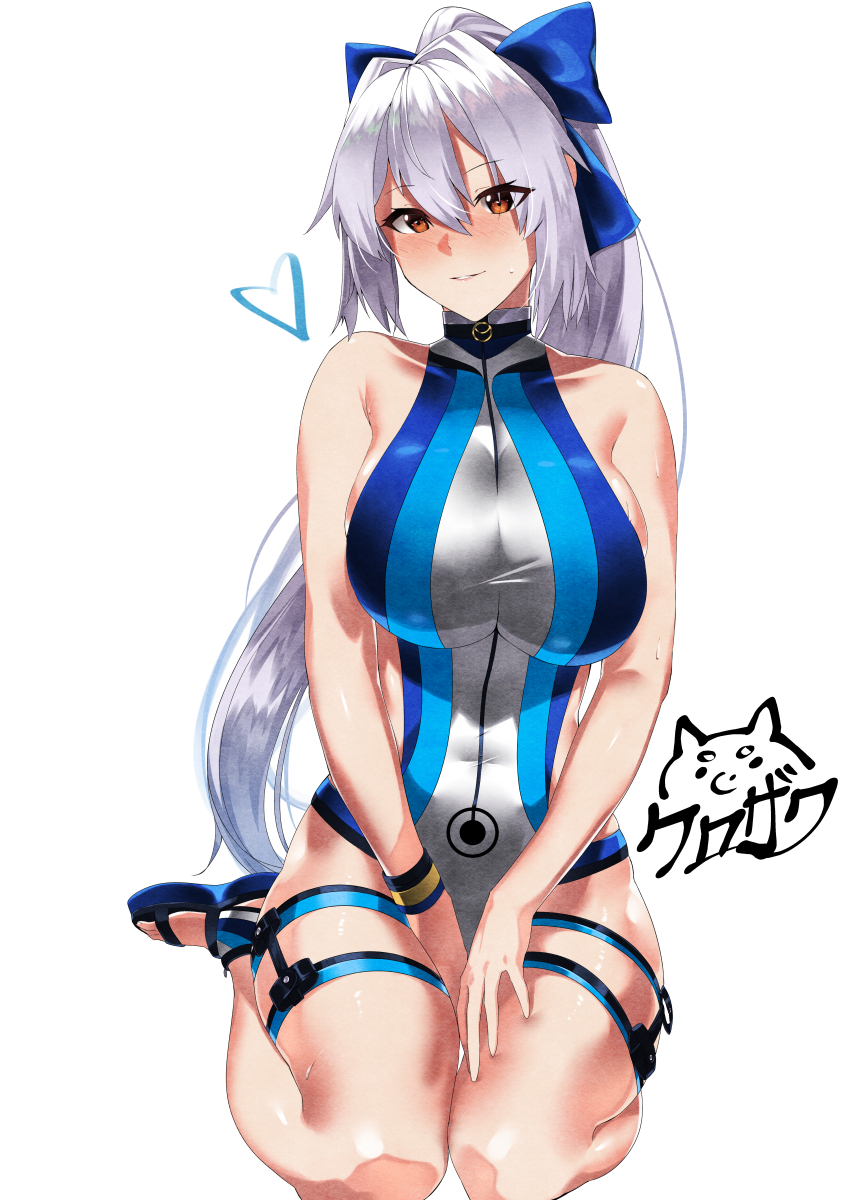 1girl absurdres arms_up ass bangs blue_bow blue_jacket blue_swimsuit blush bow breasts fate/grand_order fate_(series) highleg highleg_swimsuit highres hjkl4233225 large_breasts long_hair looking_at_viewer multicolored multicolored_clothes multicolored_swimsuit one-piece_swimsuit ponytail silver_hair solo swimsuit tomoe_gozen_(fate) tomoe_gozen_(swimsuit_saber)_(fate) two-tone_swimsuit white_swimsuit