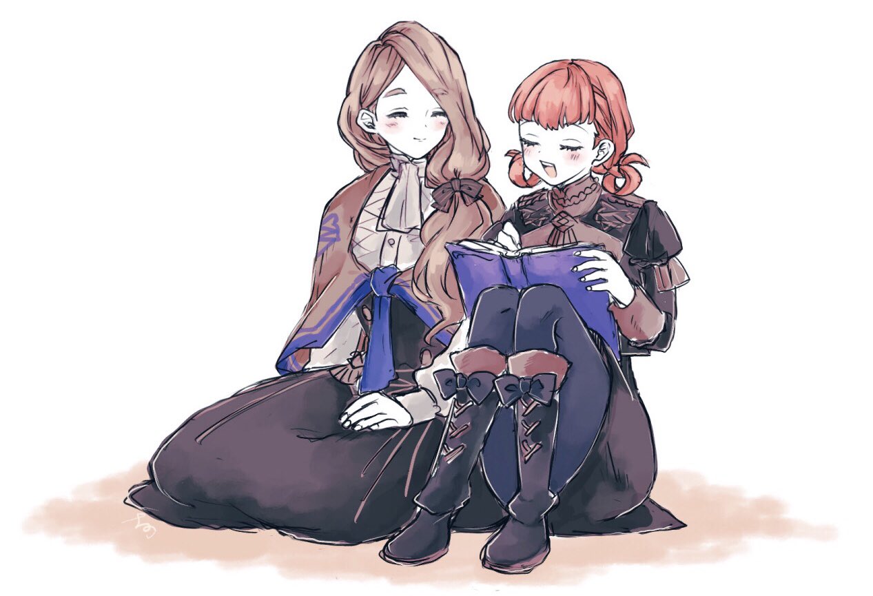 2girls annette_fantine_dominic blonde_hair book c26sn closed_eyes closed_mouth fire_emblem fire_emblem:_three_houses garreg_mach_monastery_uniform holding holding_book mercedes_von_martritz multiple_girls open_mouth orange_hair seiza sitting