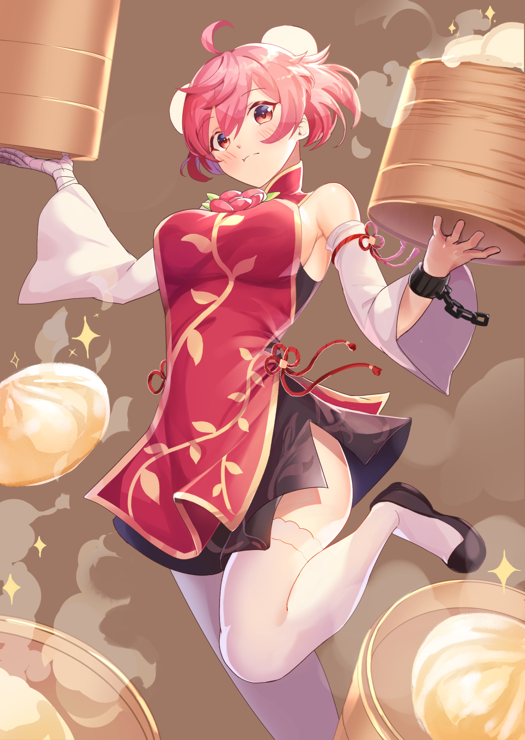 1girl ahoge amano_hagoromo bare_shoulders blush bun_cover detached_sleeves double_bun foot_out_of_frame gold_trim highres ibaraki_kasen looking_at_viewer pink_eyes pink_hair simple_background solo sparkle standing standing_on_one_leg tabard thigh-highs touhou white_legwear