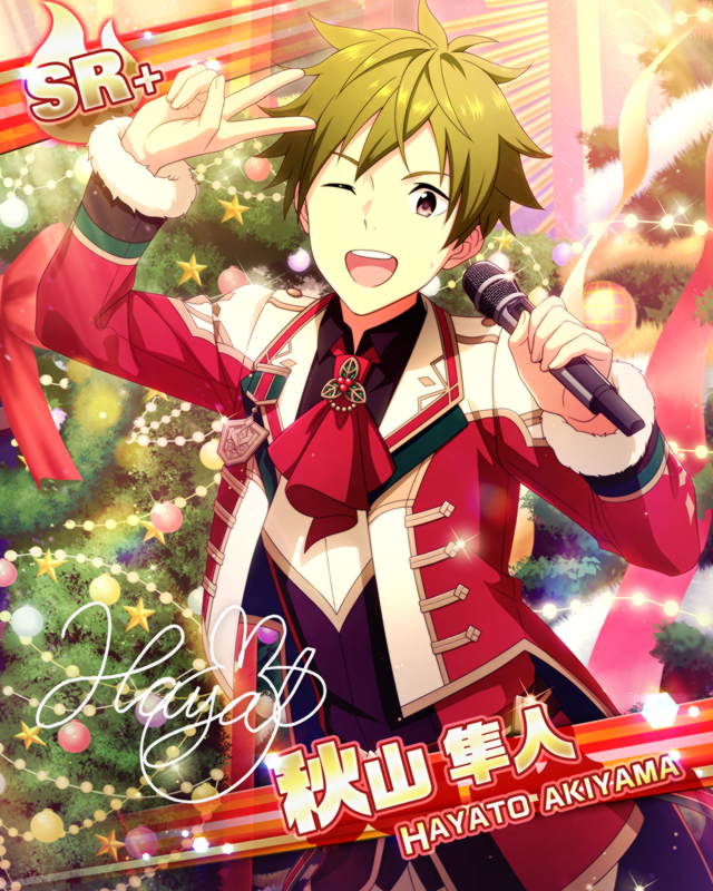 akiyama_hayato character_name christmas green_hair idolmaster idolmaster_side-m jacket red_eyes short_hair smile wink